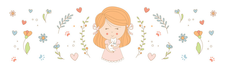 Little Girl with Puppy Around Flower Blossom Vector Set