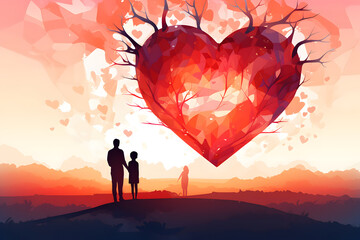 Abstract Illustration of a Couple in a Radiant Heart Landscape