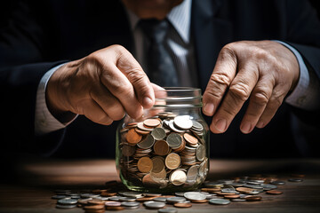 Close-up of Elderly Businessman's Hands Putting Coins into a Jar - obrazy, fototapety, plakaty