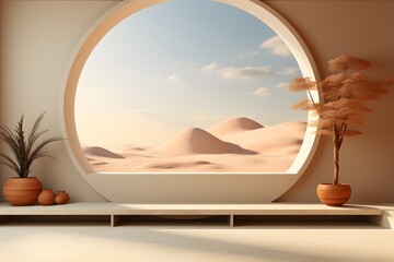 Interior minimal room with wooden shelf vase and desert view.