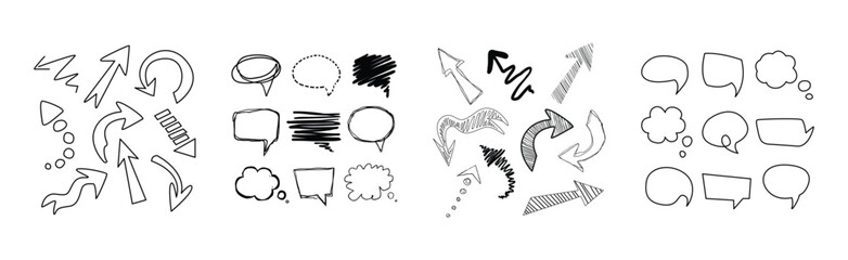 Black Arrow Sign and Empty Speech Bubble or Balloon Vector Set