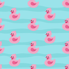 Funny pink rubber ducks in the water. Cute seamless pattern
