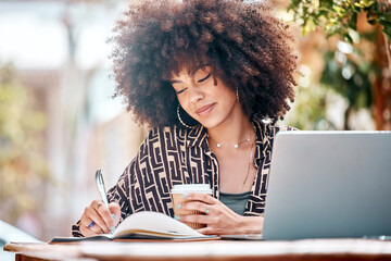 Woman, coffee and smile for writing at cafe in notebook with idea, planning or schedule. Black person, creative or female blogger with laptop for remote work on web for research, article or project - obrazy, fototapety, plakaty
