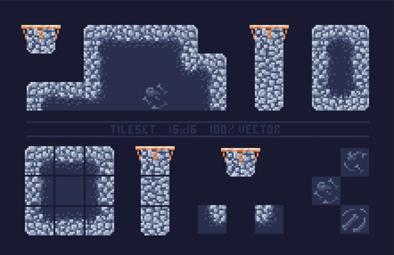 Pixel art tile set for 2d retro game. A set of cave or dungeons tiles with grass for platformer. Location and landscape constructor. The resolution of the block is 16 x 16 pixels.