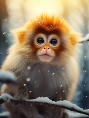 golden monkey sitting in a tree in winter - closeup