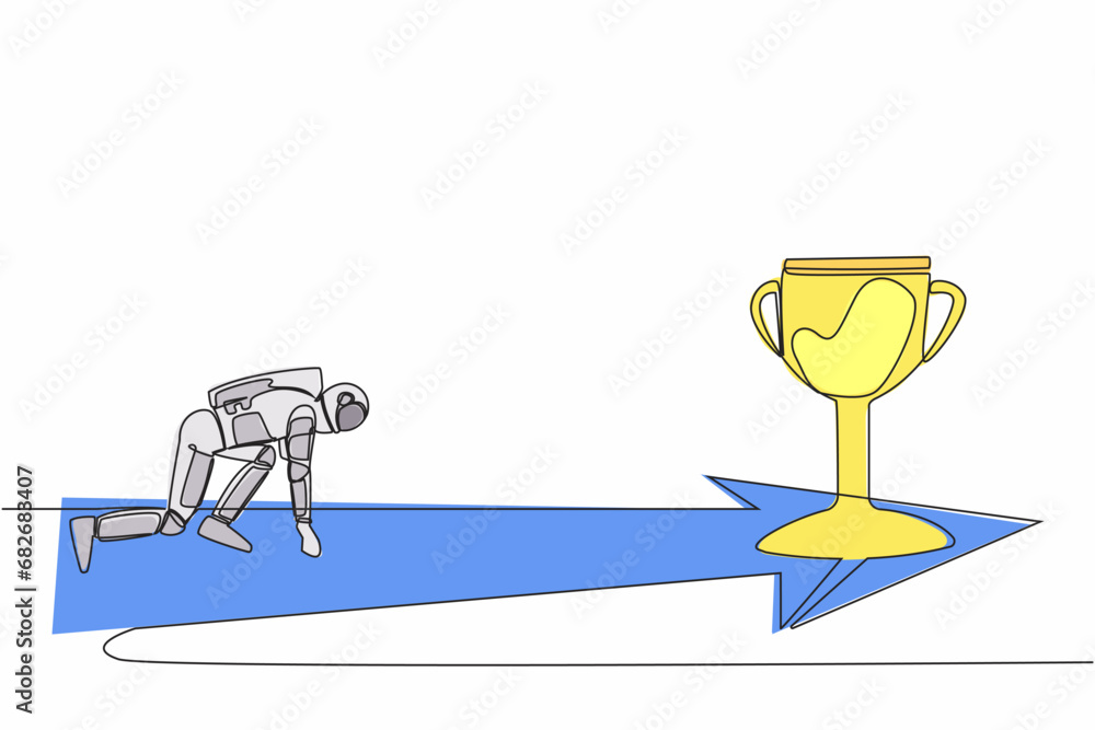 Poster single continuous line drawing young astronaut ready to run to get trophy. vision mission in spacesh