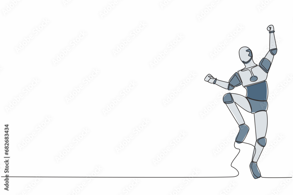 Aufkleber single one line drawing happy robot jump with folds one leg and raises one hand. winning business pr