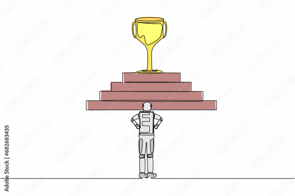 Poster single continuous line drawing of astronaut standing in front of staircase with trophy on top. path 