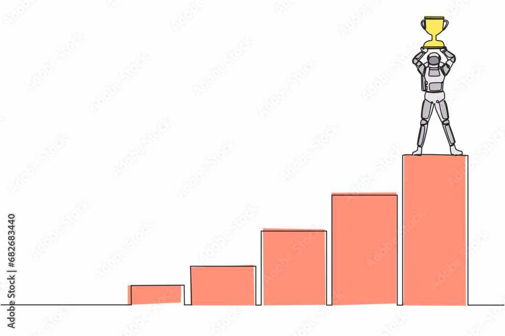 Poster single continuous line drawing astronaut climb graph staircase to reach and lifting up trophy. succe