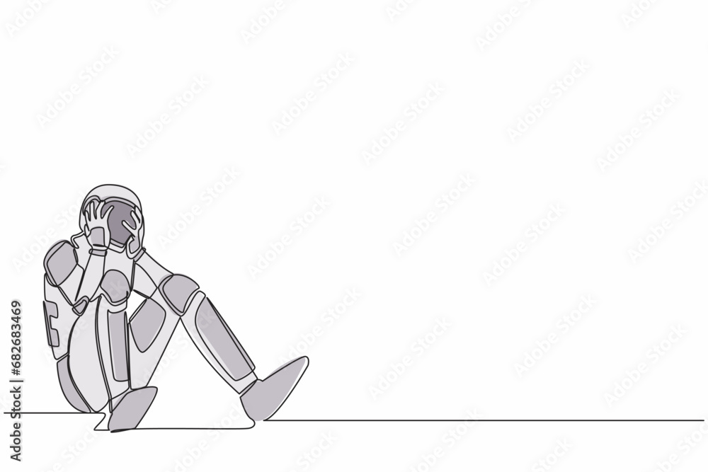Poster single continuous line drawing of astronaut sitting on the floor with holding his head. feeling sad 