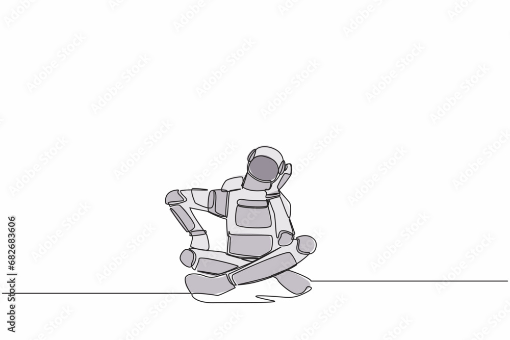 Poster continuous one line drawing young astronaut sitting with support his head and confused because get i