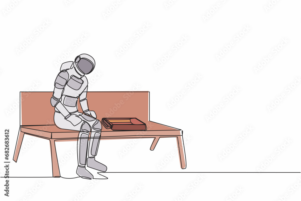 Poster continuous one line drawing astronaut sitting at bench alone. suffering from depression, experiences