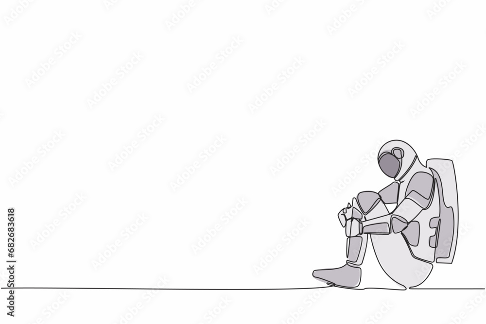 Poster single one line drawing of astronaut suffer sadness melancholy sitting in despair on the floor. fail