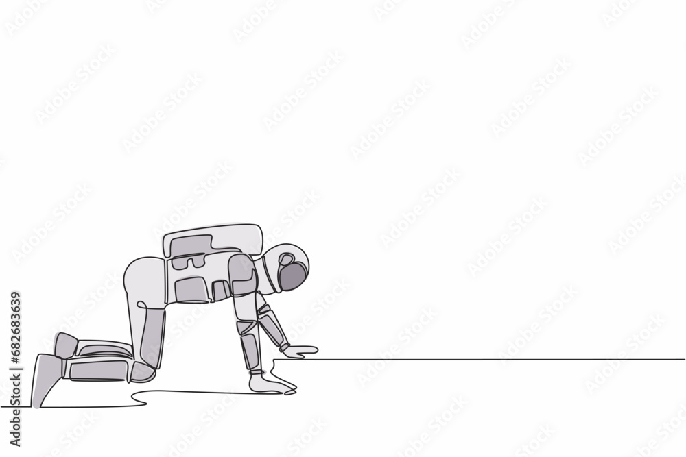 Poster single continuous line drawing of young astronaut crawling in despair on the floor. frustrated space