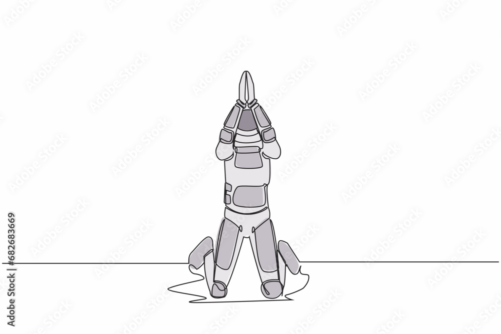 Poster single one line drawing young astronaut kneeling and pray in moon surface. hoping successful in laun