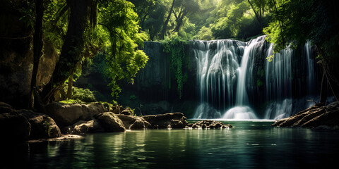 Waterfall in a lush green forest,,
waterfall in the jungle with sun shining through the trees Generative Ai