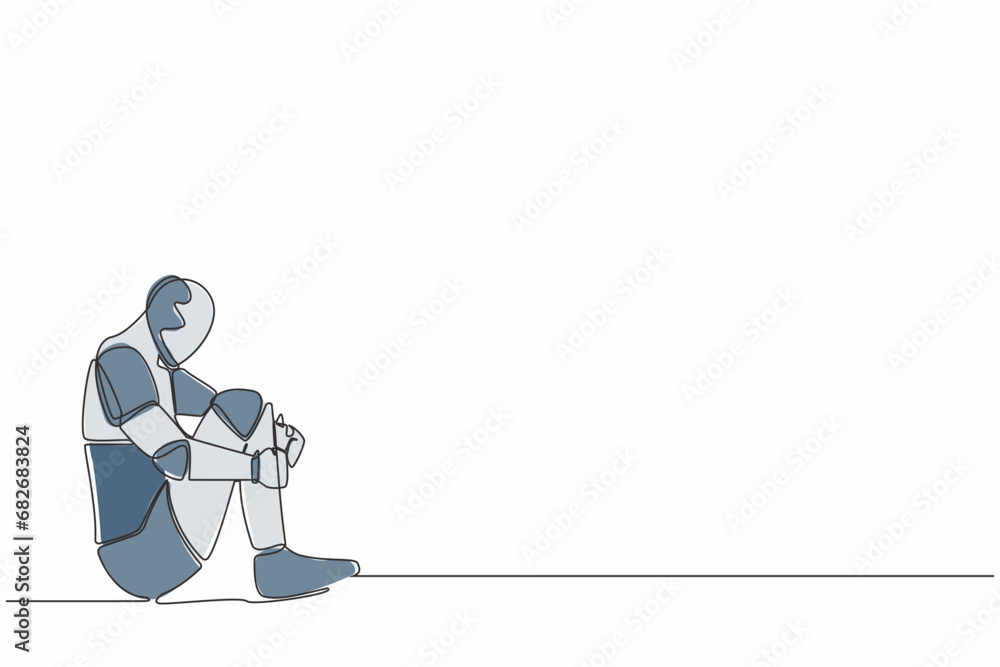 Poster single continuous line drawing depressed robot suffer emotion sadness melancholy sitting in despair 