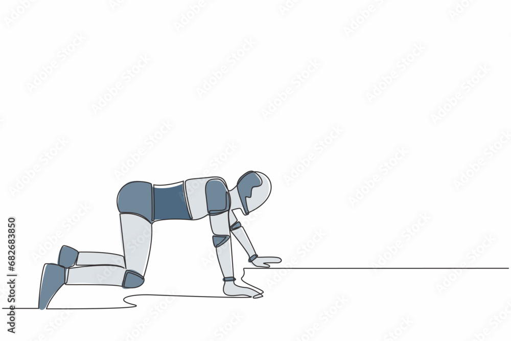 Poster single continuous line drawing depressed robot crawling in despair on the floor. frustrated concept.