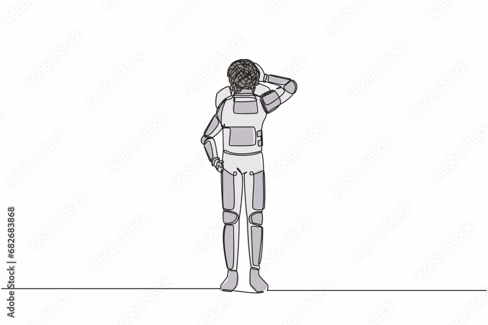 Poster continuous one line drawing of astronaut with round scribbles instead of head. doubting spaceman. me