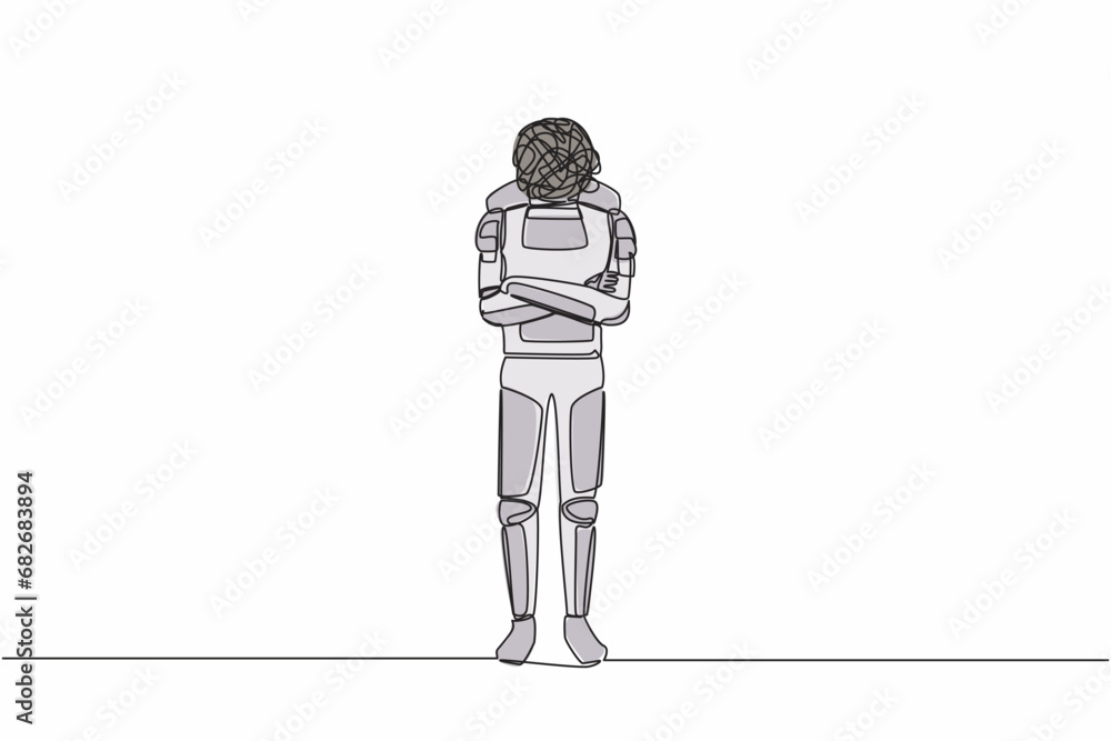 Poster single one line drawing young astronaut with round scribble instead of head, standing with folded ar