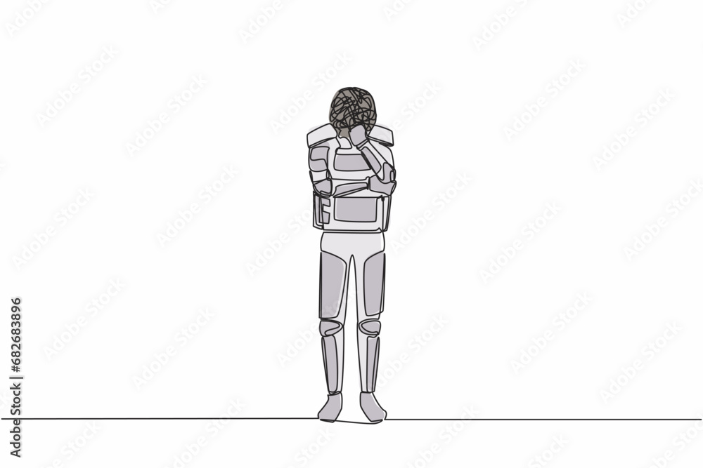 Poster single one line drawing astronaut with round scribbles instead of head, standing in thoughtful pose 