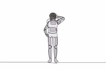 Continuous one line drawing of astronaut with round scribbles instead of head. Doubting spaceman. Memory, searching and thinking. Cosmonaut outer space. Single line graphic design vector illustration