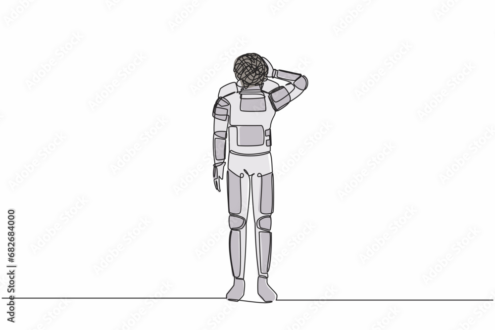 Poster single continuous line drawing young astronaut with round scribbles instead of head, suffer headache