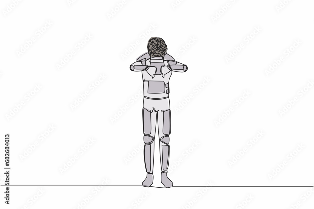 Poster continuous one line drawing astronaut with round scribbles instead of head, showing thumbs down sign