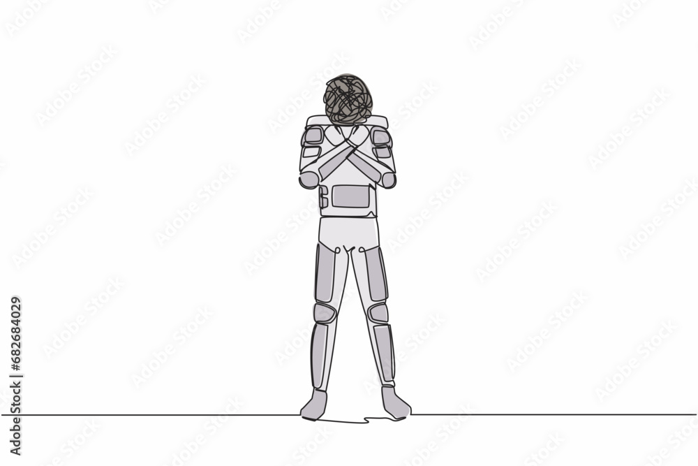 Poster single one line drawing astronaut with round scribbles instead of head. spaceman with fist clenched,