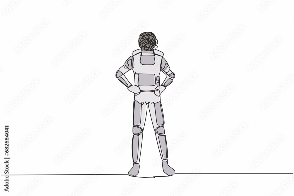 Poster single continuous line drawing young astronaut with round scribbles instead of head, standing and ho