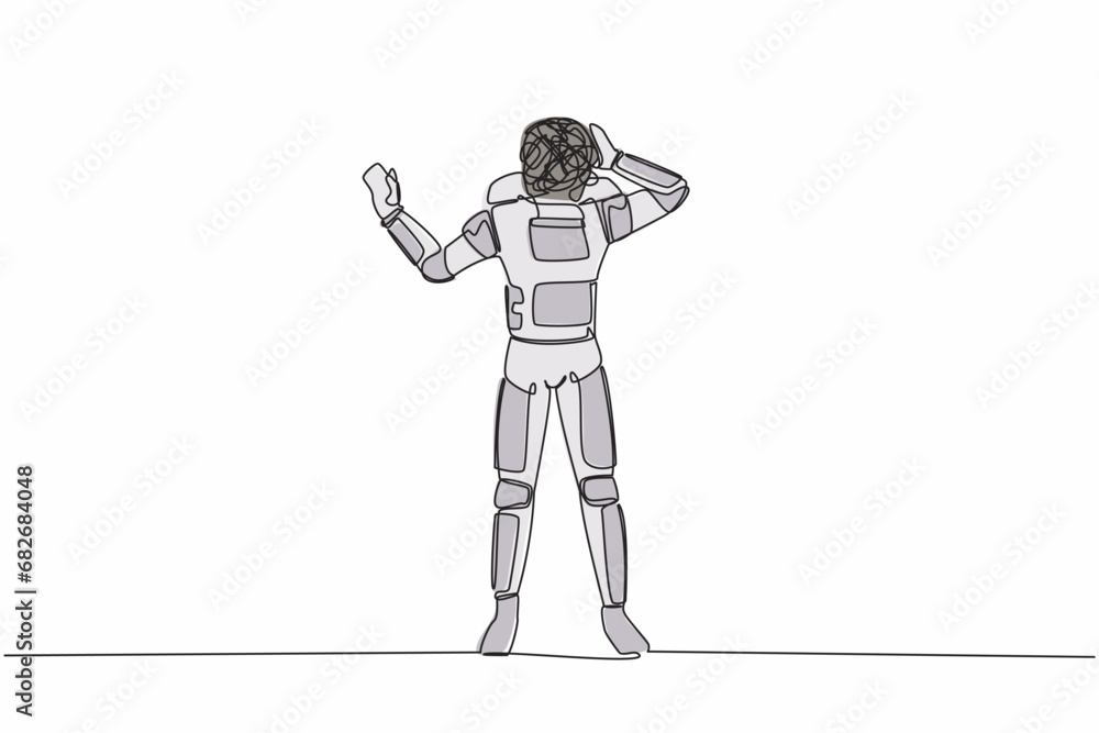 Poster continuous one line drawing young astronaut with round scribbles instead of head, stop gesture. cove