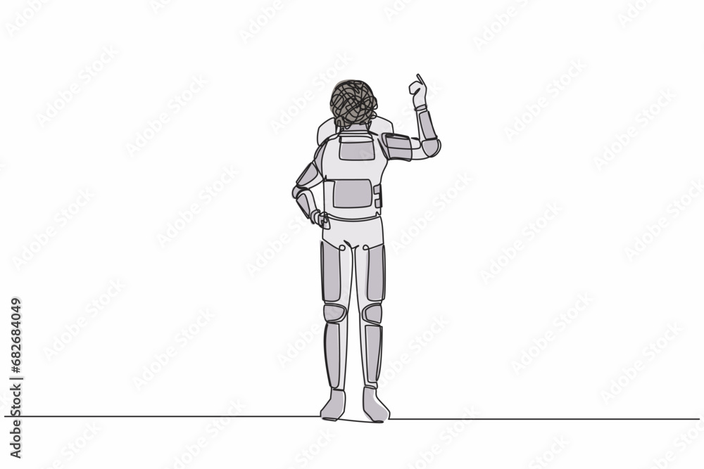 Poster single one line drawing astronaut with round scribbles instead of head, showing index finger, repres