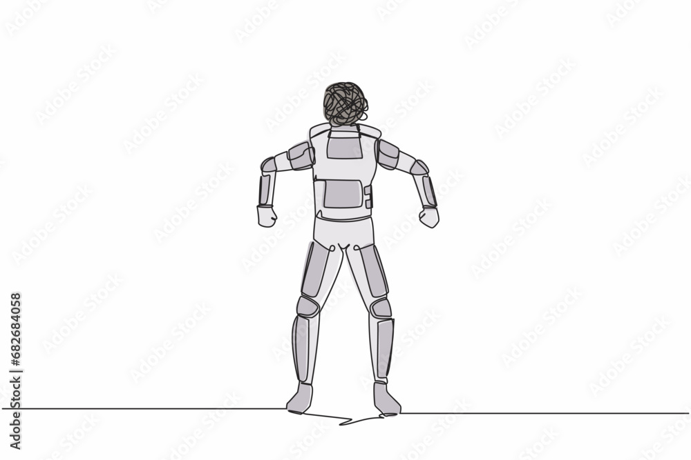 Poster single one line drawing of astronaut with round scribble instead of head. angry spaceman. emotional 
