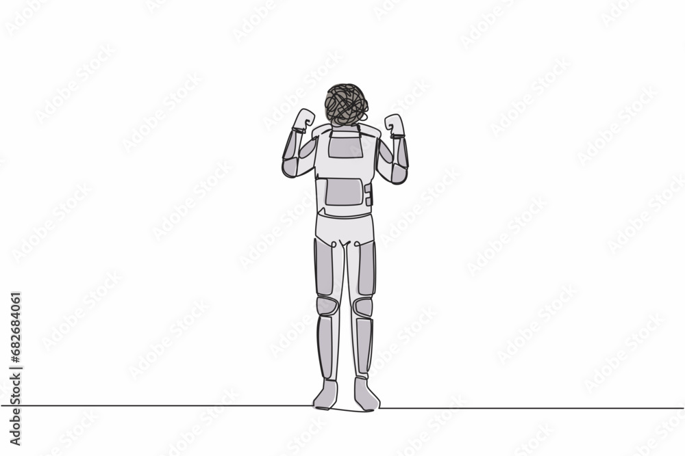 Poster single continuous line drawing astronaut with round scribbles instead of head. angry robot raised fi