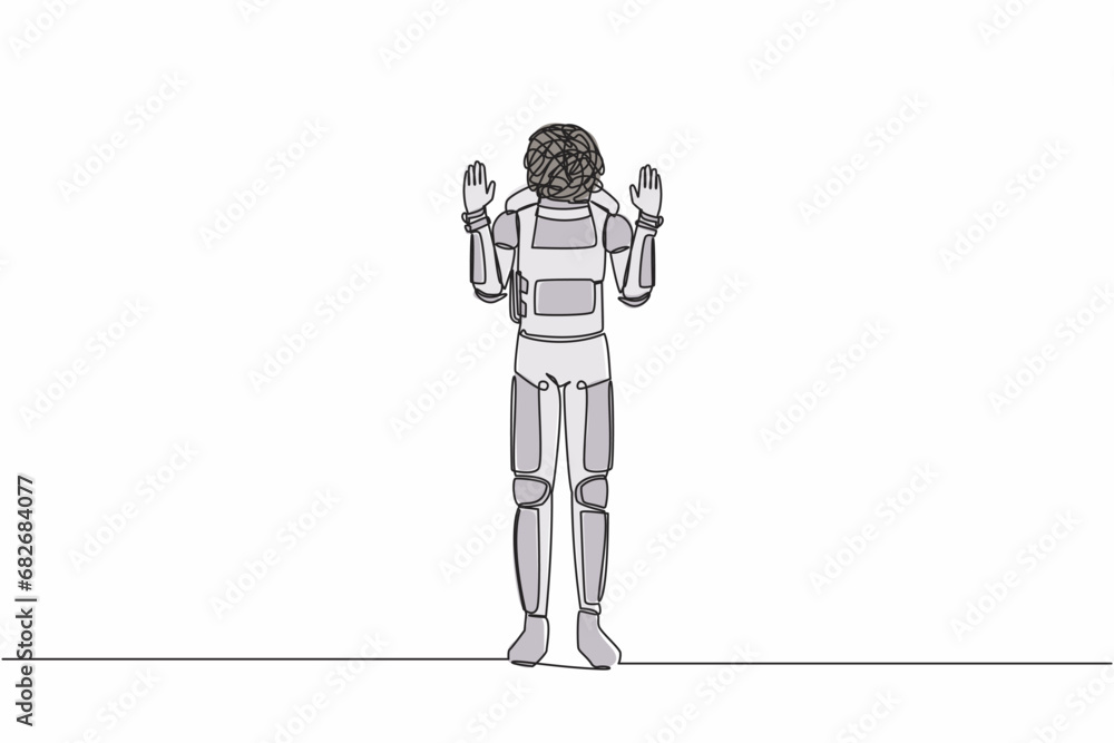 Aufkleber continuous one line drawing of astronaut with round scribble instead of head, shocked, afraid, scare