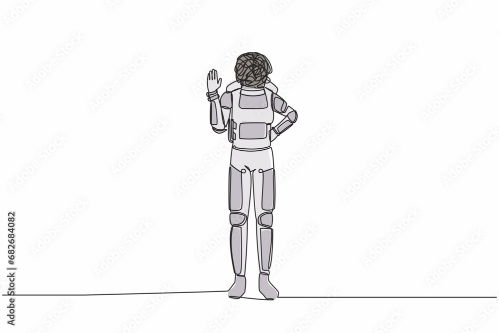 Poster single continuous line drawing of young astronaut with round scribbles instead of head, making stop 
