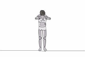 Continuous one line drawing astronaut with round scribbles instead of head, showing thumbs down sign, dislike, negative expression. Cosmonaut outer space. Single line draw design vector illustration