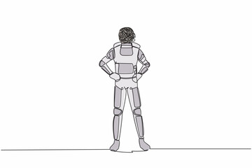 Single continuous line drawing young astronaut with round scribbles instead of head, standing and holding on his hip in moon surface. Cosmonaut deep space. One line graphic design vector illustration
