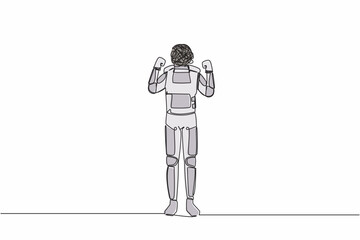 Single continuous line drawing astronaut with round scribbles instead of head. Angry robot raised fist and shout screaming expression. Cosmonaut deep space. One line graphic design vector illustration