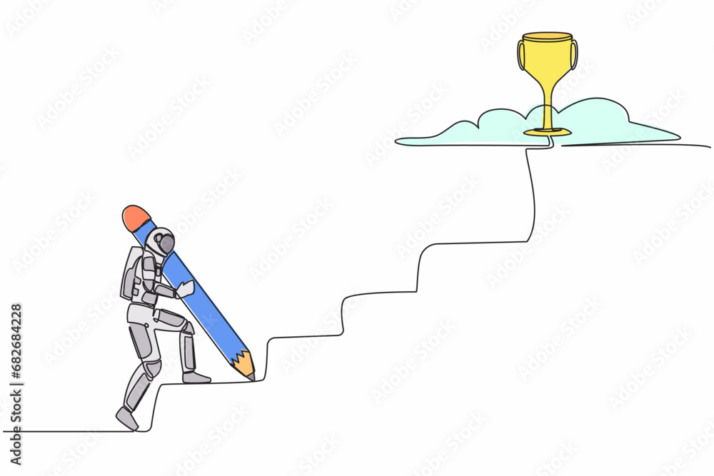 Poster single continuous line drawing of astronaut using huge pencil to draw stairs and walk climbing up to