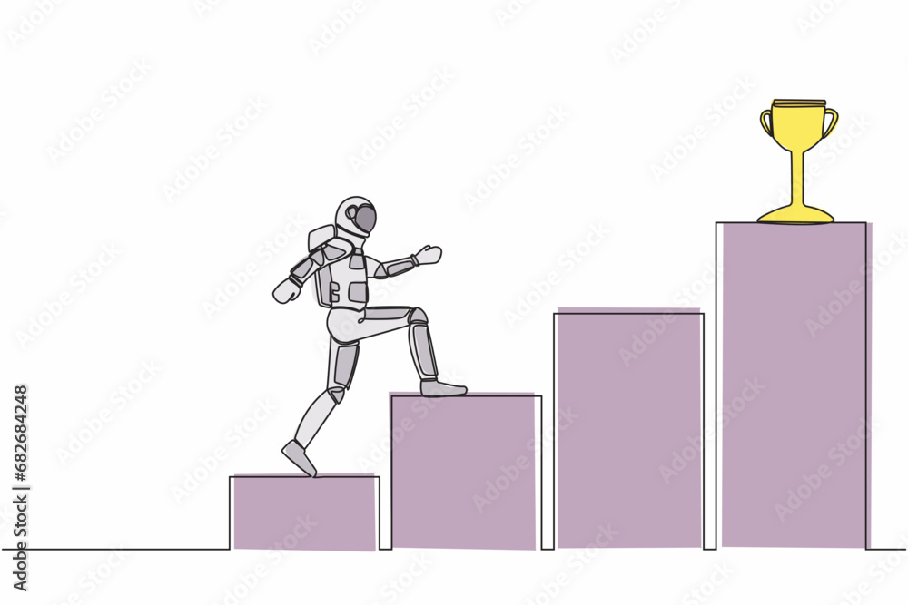Poster single continuous line drawing of young astronaut run on graph staircase to get trophy. way to achie