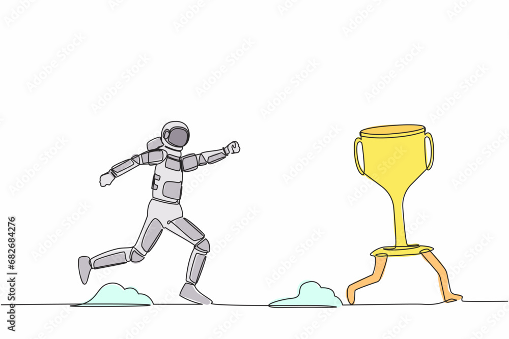 Poster single one line drawing astronaut trying to catch and running chasing after run away winner trophy. 