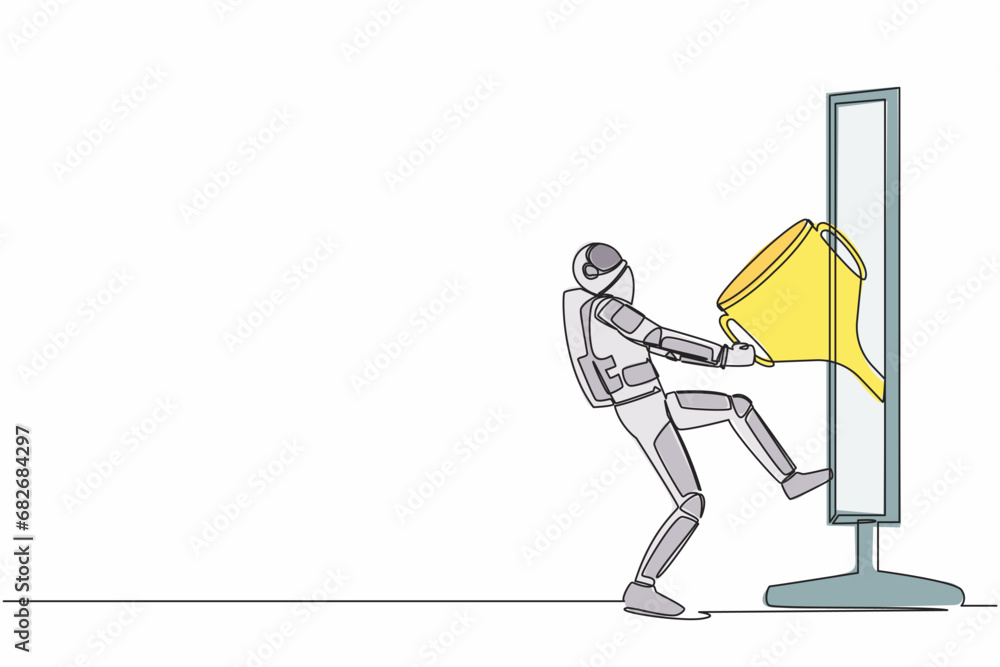 Aufkleber continuous one line drawing astronaut pulling trophy from monitor screen. award on winning spaceship