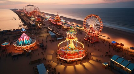 a large ferris wheel next to a beach with people and buildings - obrazy, fototapety, plakaty