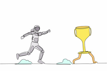 Single one line drawing astronaut trying to catch and running chasing after run away winner trophy. Losing in spaceship galaxy expedition competition. Continuous line draw design vector illustration