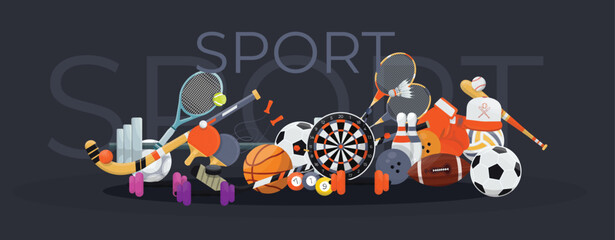 The image shows a bunch of sports equipment on a dark background. The equipment includes a variety of balls, bats, and other items. It is includes a basketball, a baseball, a football, a soccer ball, 