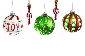 Christmas baubles on white background