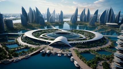 a large building with a pool in front of it