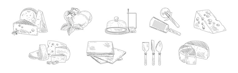 Cheese Hand Drawn Dairy Food Serving Element Vector Set