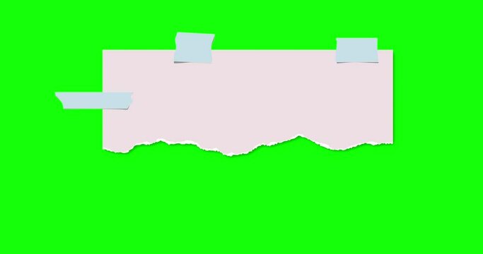 Color sheet of paper with torn adges appear on green screen background theme. Animated paper piece with sticky tape stuck. Blank mockup for text presentation, advertising, website. 4K video graphic
